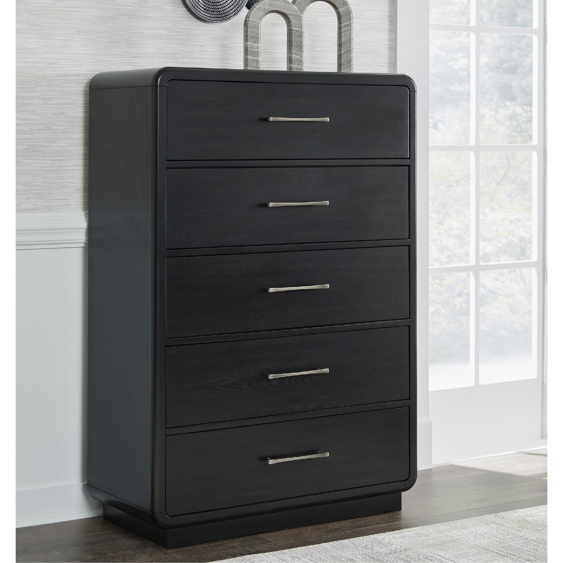 Signature Design by Ashley Rowanbeck Modern 5 Drawer Chest with Felt-Lined Top Drawer and Safety Stop, Black