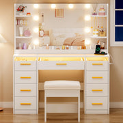 Large Vanity Desk with RGB Mirror, Glass Top & Storage Stool