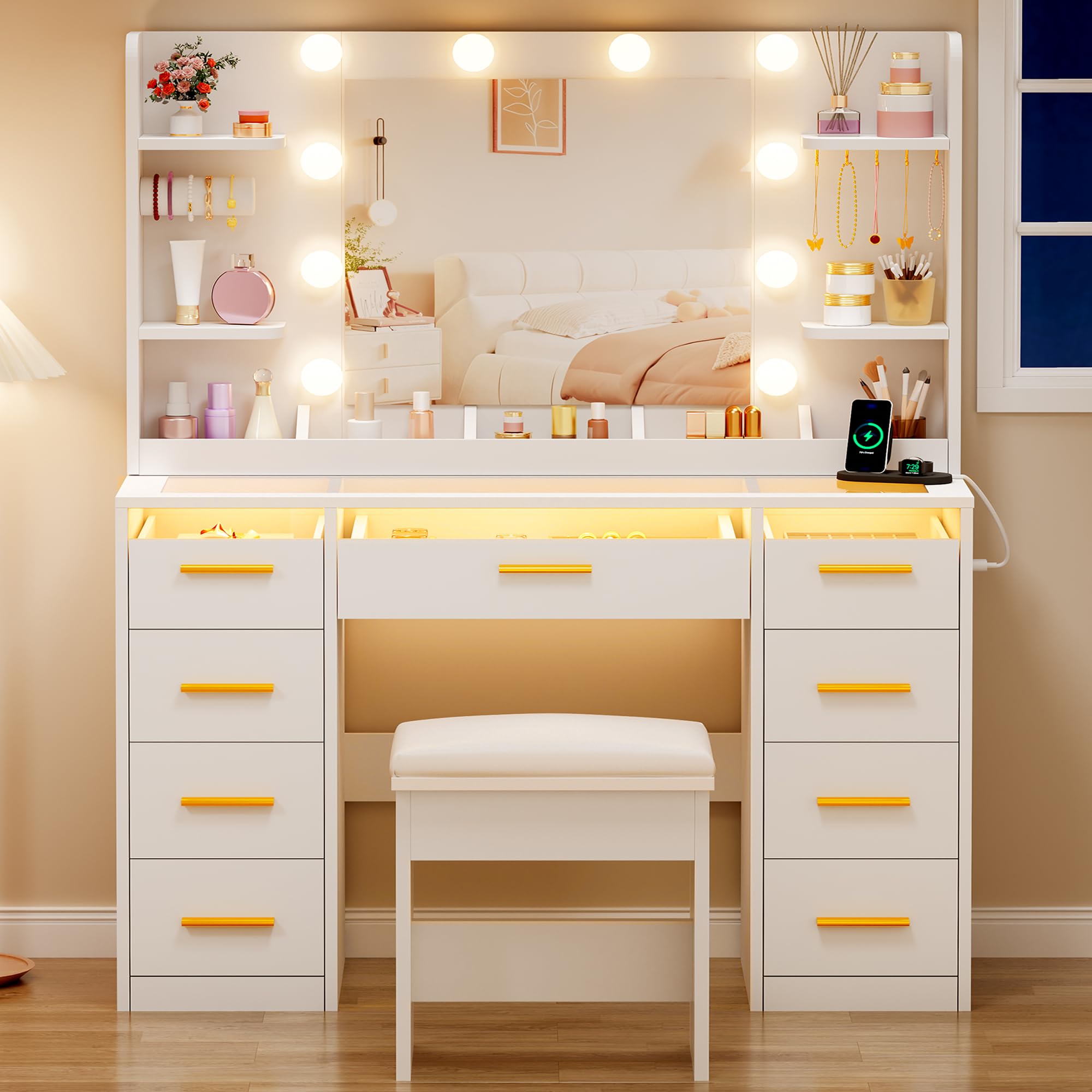 ANWBROAD Vanity Desk with Mirror and Lights 3 Colors Large Makeup Vanity Table Set Transparent Glass Top with 9 RGB Drawers, 4 Shelves Vanity Desk with Stool Power Outlet White Bedroom Women UBDT94W