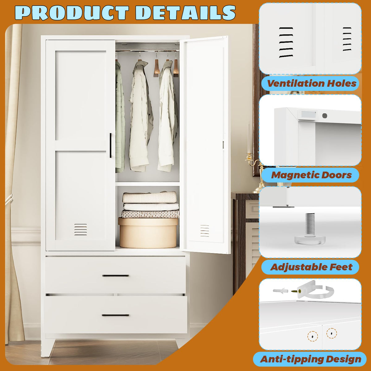 Metal Wardrobe with Drawers