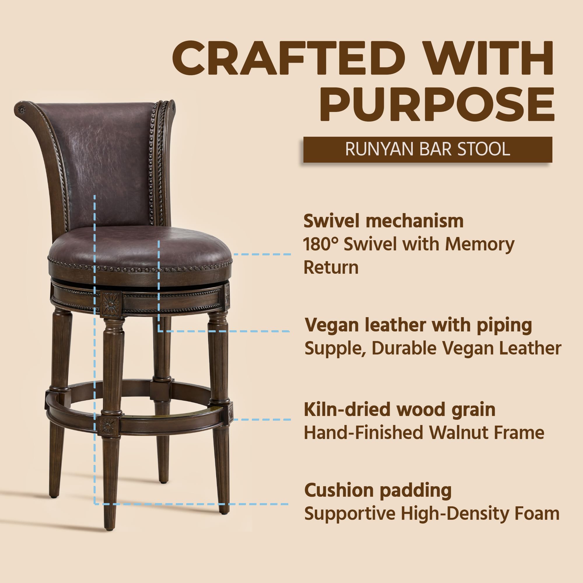 ROME + OAK Set of 4 Runyan 31" Swivel Bar Stool, High Back Barstool in Dark Walnut Finish with Vintage Brown Vegan Leather Seat