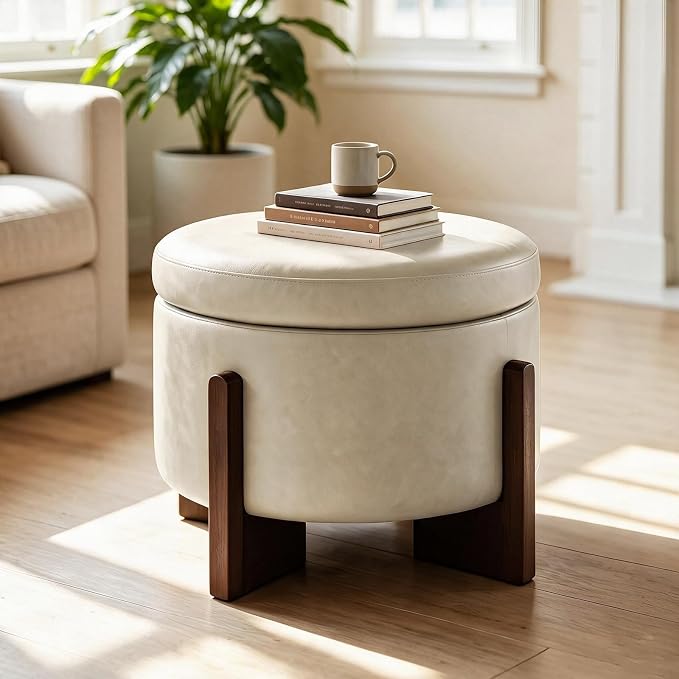 Round Faux Leather Storage Ottoman