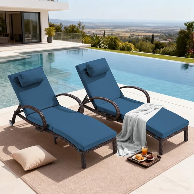 Outdoor Wicker Chaise Lounge Set of 2 with Adjustable Backrest & Wheels