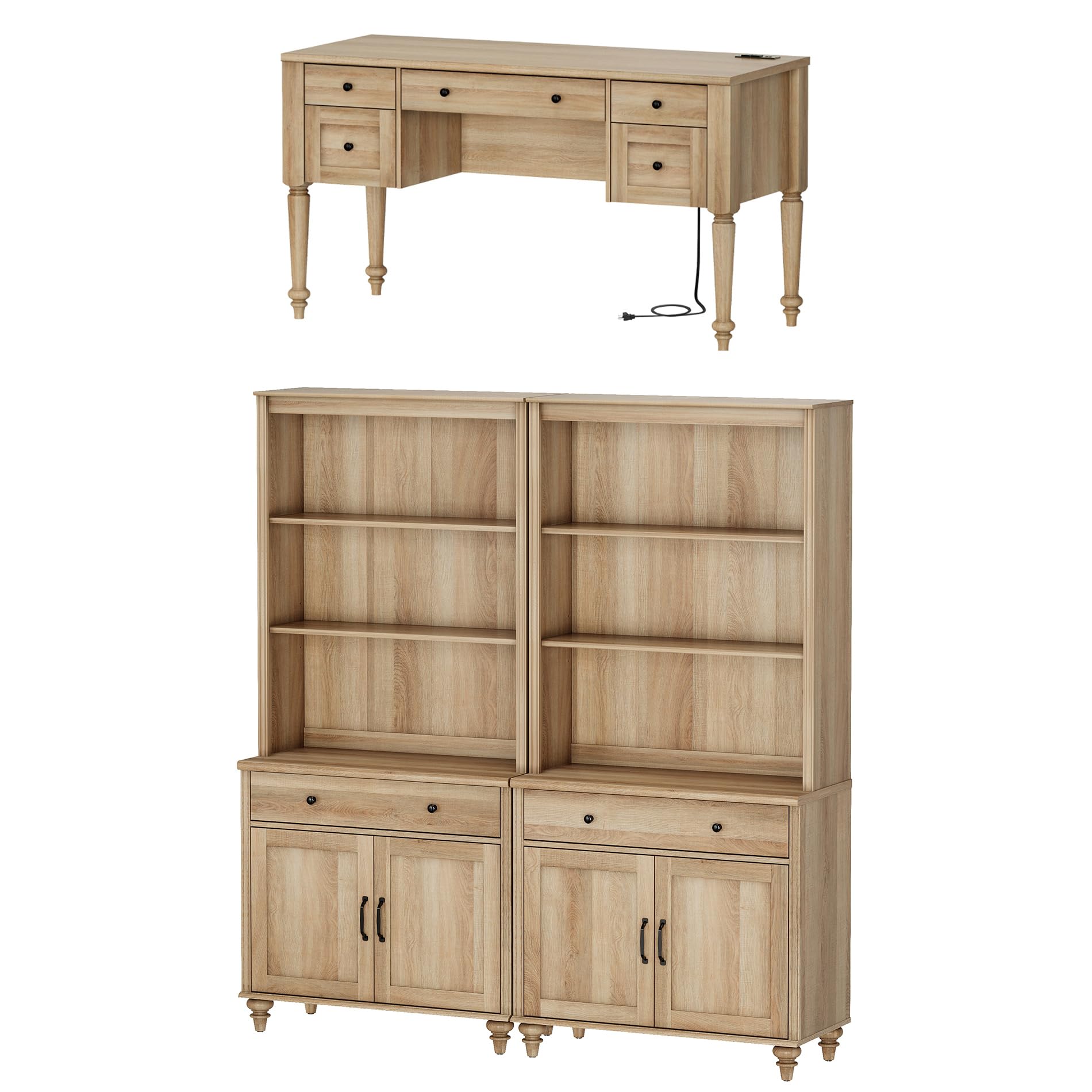 Farmhouse Office Set – 56" Desk with Charging Station & 72" Tall Bookcase