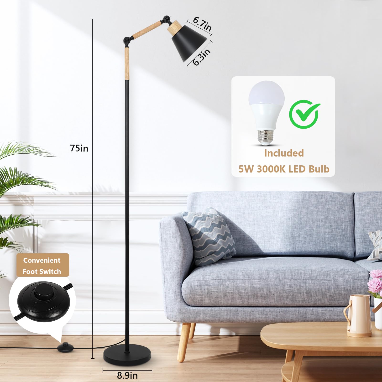 HMVPL Farmhouse Floor Lamp for Living Room, Rustic Standing Lamp with 5W 3000K Bulb, Wood Corner Floor Lamp with Foot Switch, Height Adjustable, Boho Pole Tall Lamp for Bedroom Reading Office Nursery