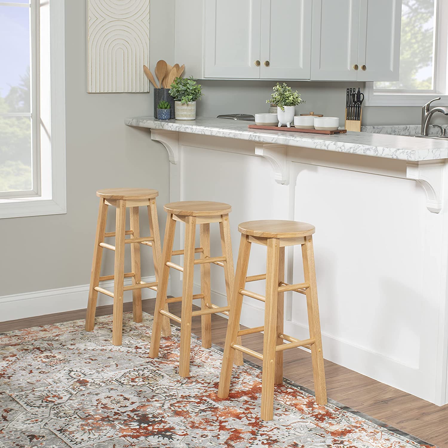 PJ Wood 29 Inch Tall Classic Round Seat Kitchen Counter Bar Stools 2 Pack with 4 Square Legs for Homes, Dining Spaces, and Bars, Natural