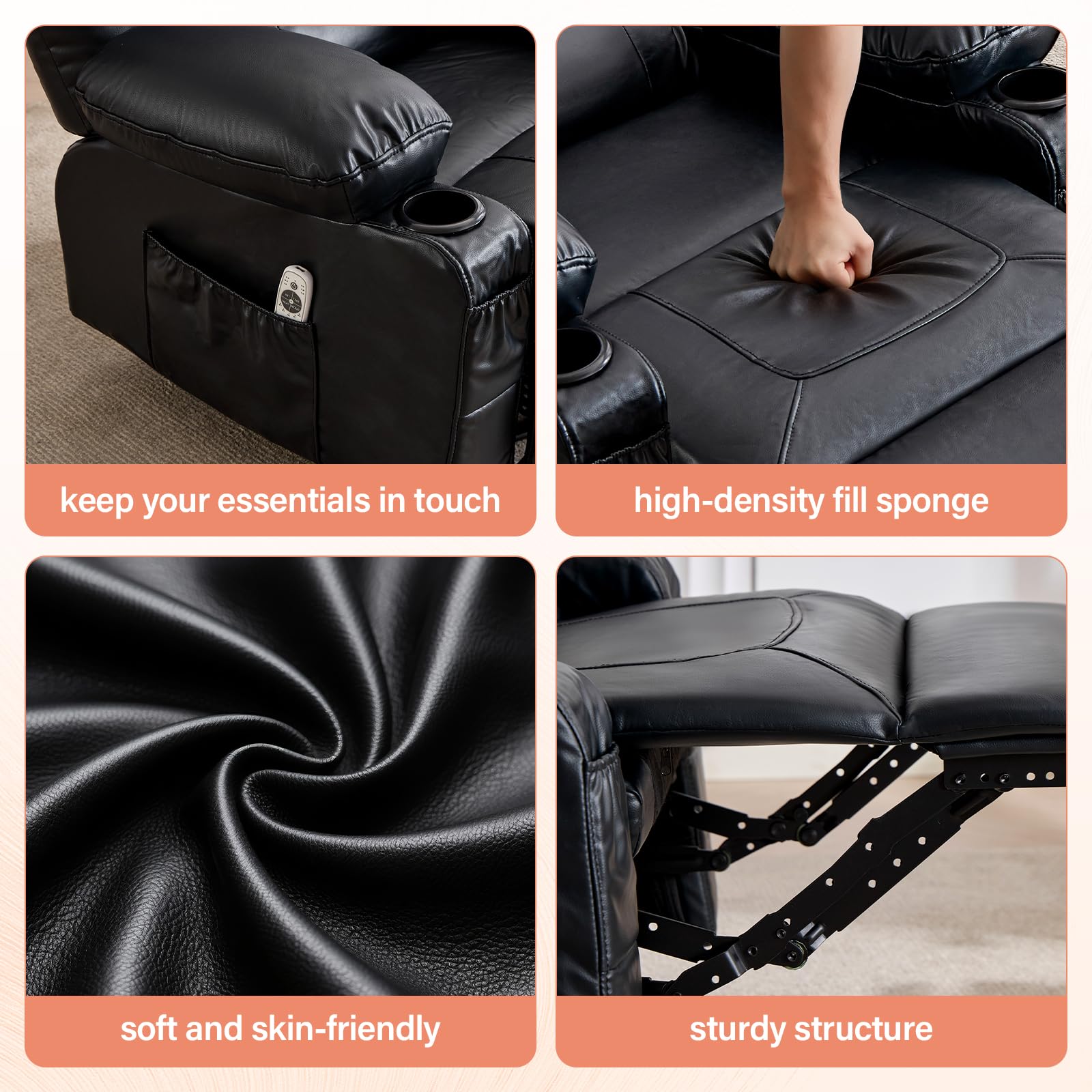 MAHOMICO Swivel Rocker Recliner Chair with Vibration Massage and Heat for Living Room,with Rocking Function and Side Pocket, PU Leather USB Charge Port,2 Cup Holders