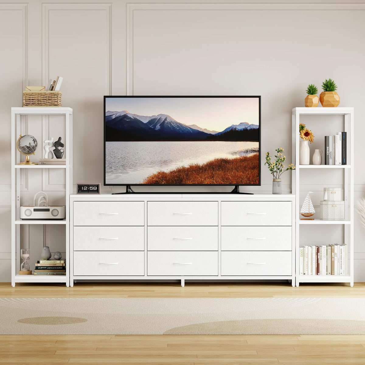 Takywep TV Stand for 75 Inch TV, Entertainment Center with LED Lights & Power Outlets, Modern TV Media Console with 9 Drawers and Bookshelves for Living Room, Black