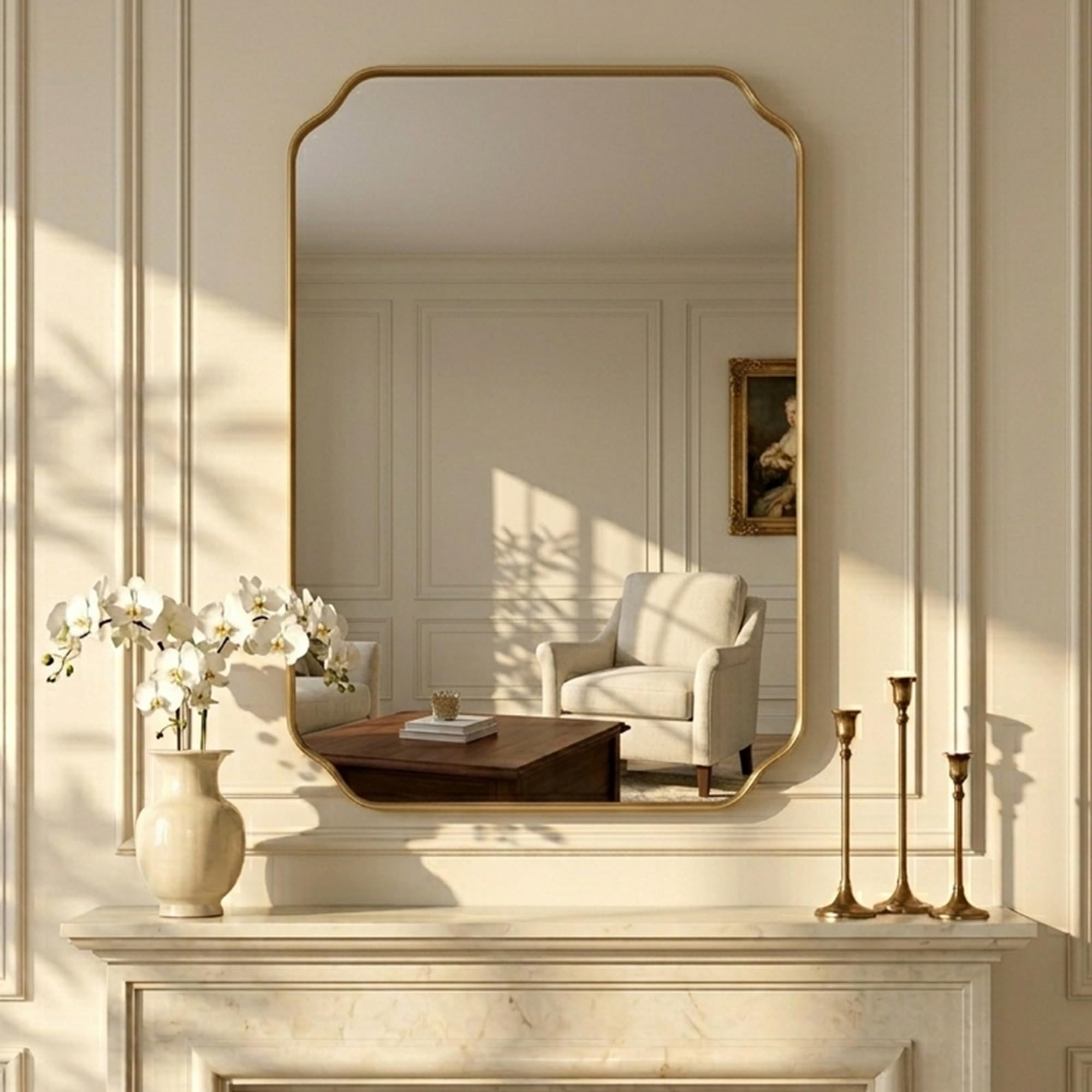 VIWILII Gold Wall Mirror 36"x24", Scalloped Edge Vanity Mirror - Hangs Vertically/Horizontally Decorative Bathroom Mirror for Vanity, Bedroom & Entryway, Aesthetic Bathroom Decor
