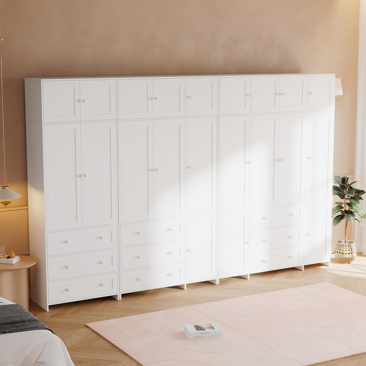 VOWNER 87"Tall Armoire Wardrobe Closet with Overhead Cabinets, Mirror & Rod