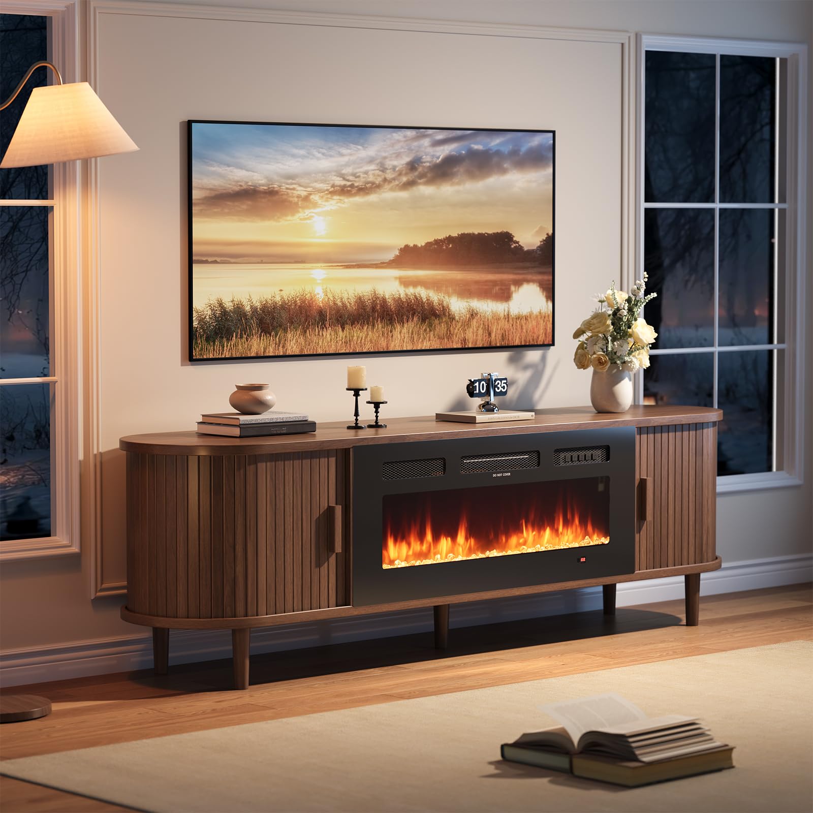 70" Fluted Fireplace TV Stand with Sliding Doors & Solid Wood Legs