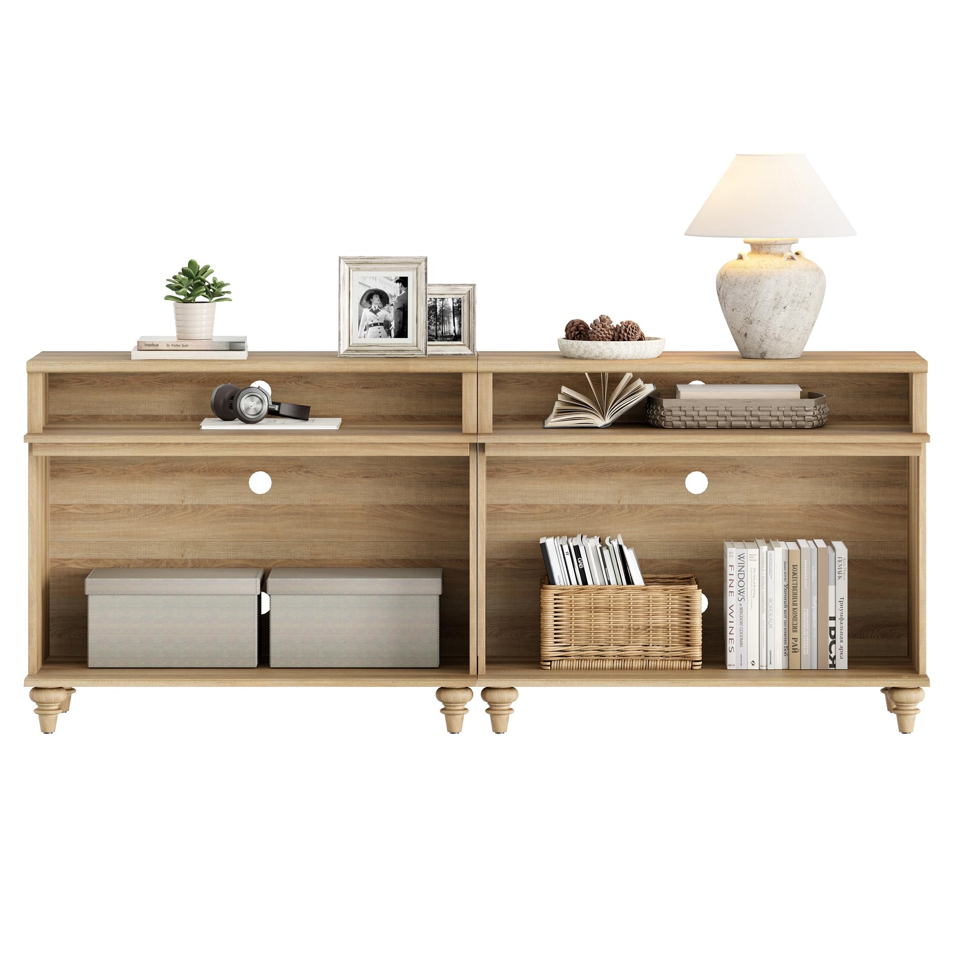 WAMPAT Set of 2 Farmhouse Large End Table, Tall Side Table with 2 Storages for Living Room, Oak