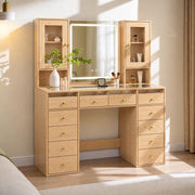 Chrangmay 47" Big Modern Vanity Desk with Mirror and Lights,Makeup Vanity Desk with 12 Drawers and Two PGB Storage cabinets & Power Outlet, Dressing Table with Glass Top, Oak