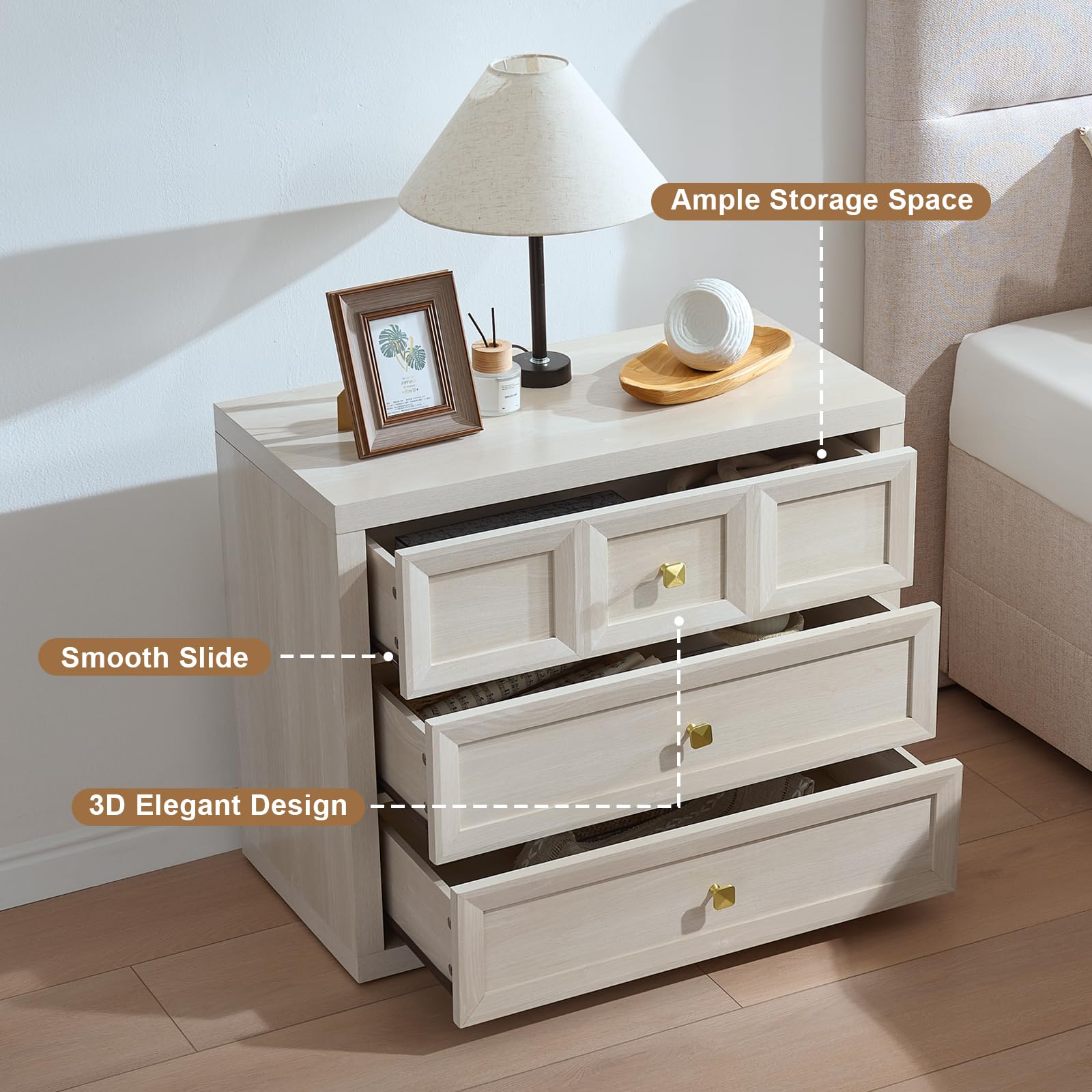 Modern 3-Drawer Nightstand Set of 2 with Charging Station