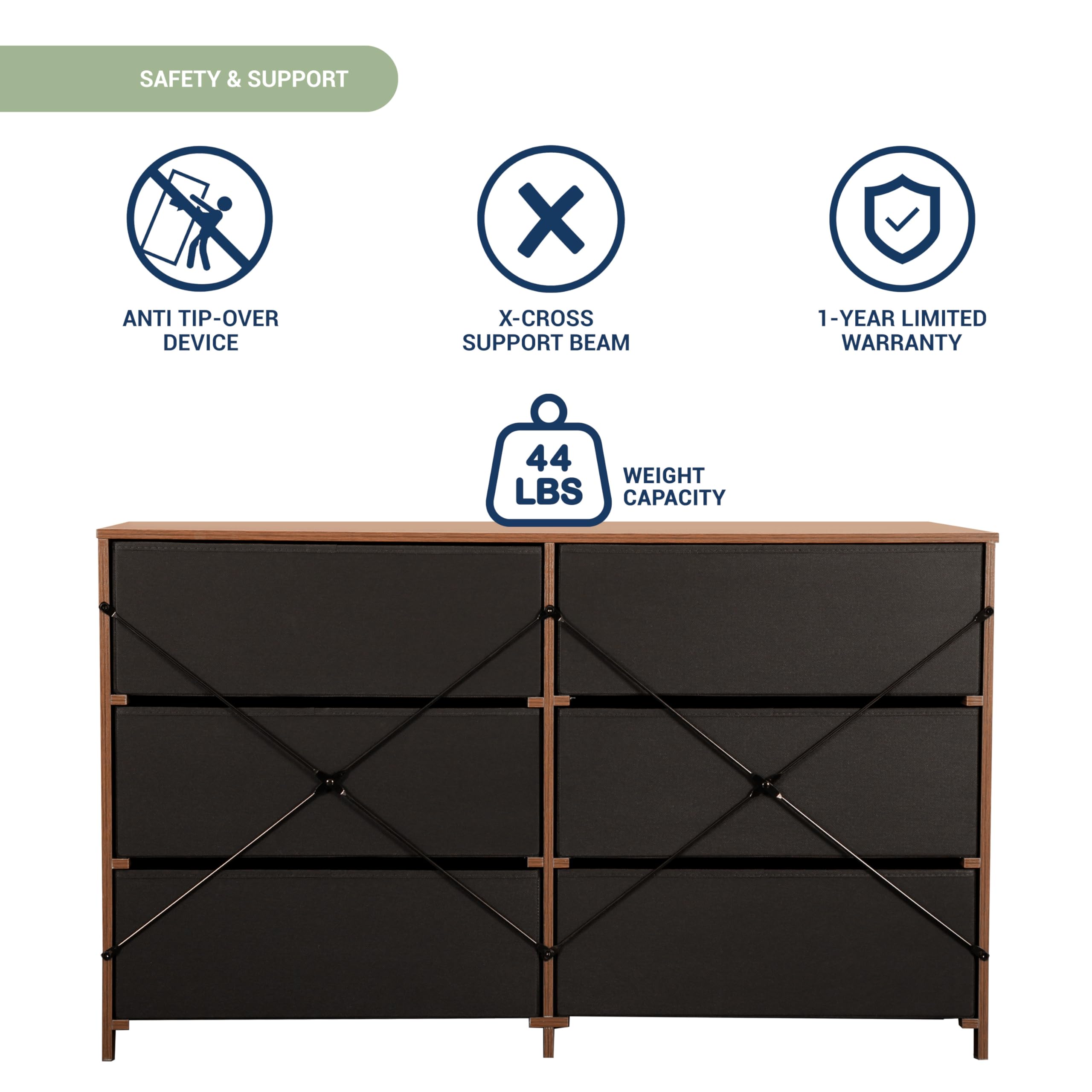 Modern 6-Drawer Dresser with Spacious Storage, Sturdy Wood Frame, Large Capacity Fabric Drawers, Dressers for Bedroom, Home Organization Storage for Living Room or Hallway, Walnut