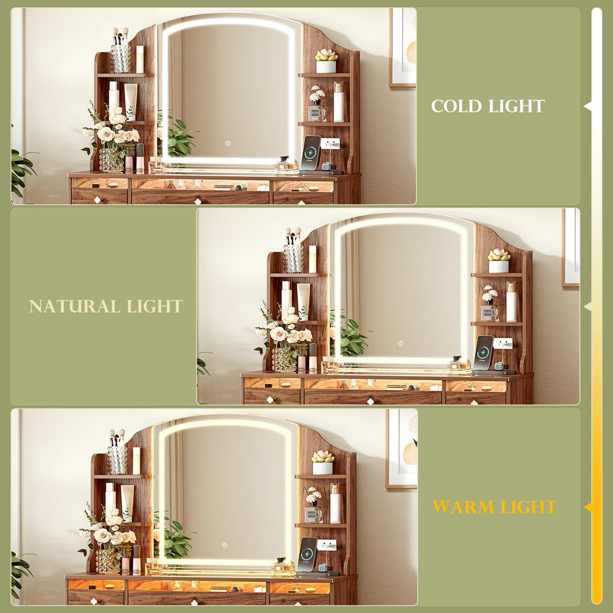 Ieejdn 43.3" Makeup Vanity with LED Mirror, 9 Drawers Dresser with Clover Handles, Built-in Shelves & Power Outlet, Lighted Vanity Desk with Storage for Bedroom, Walnut