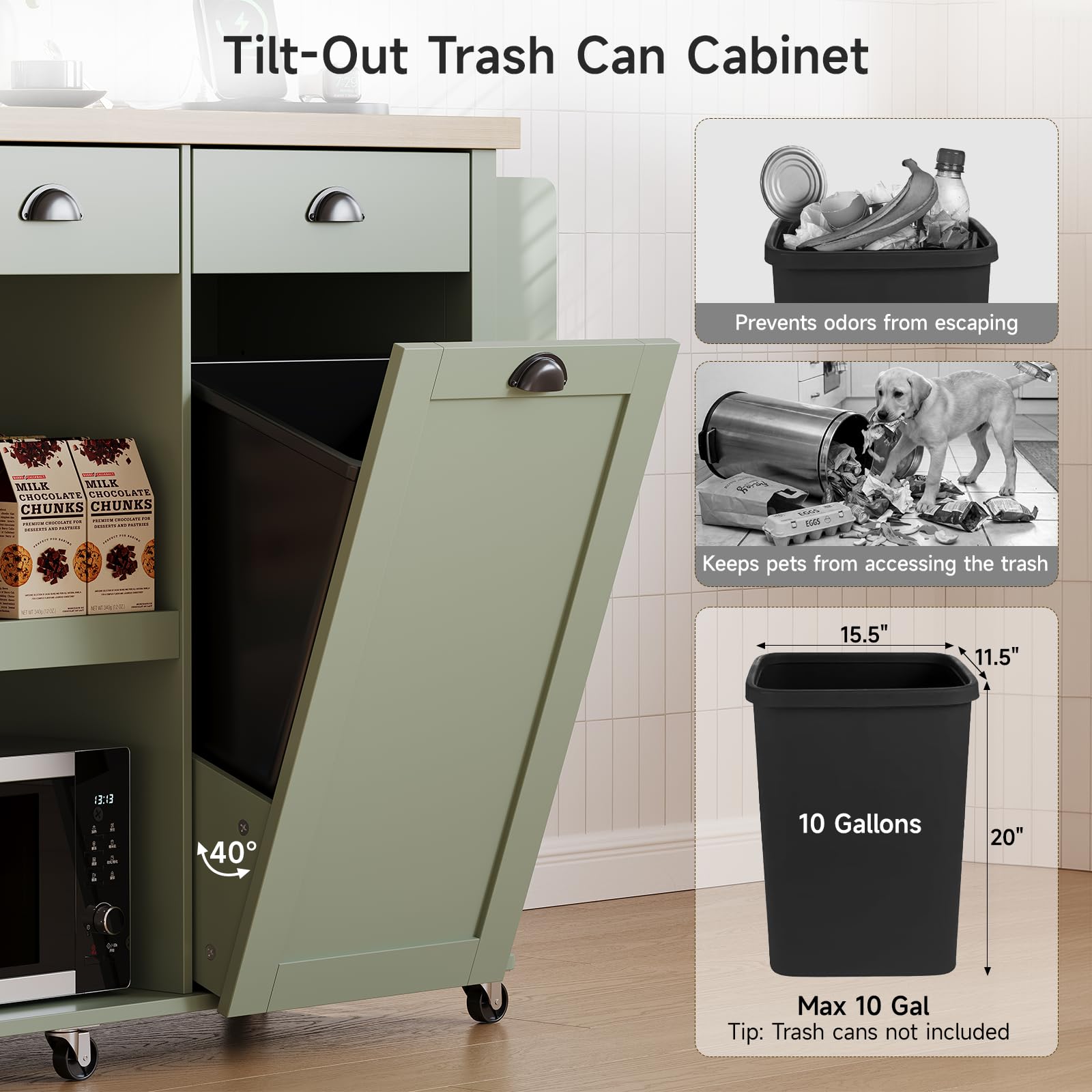 Rolling Kitchen Cart with Drop Leaf & Trash Cabinet