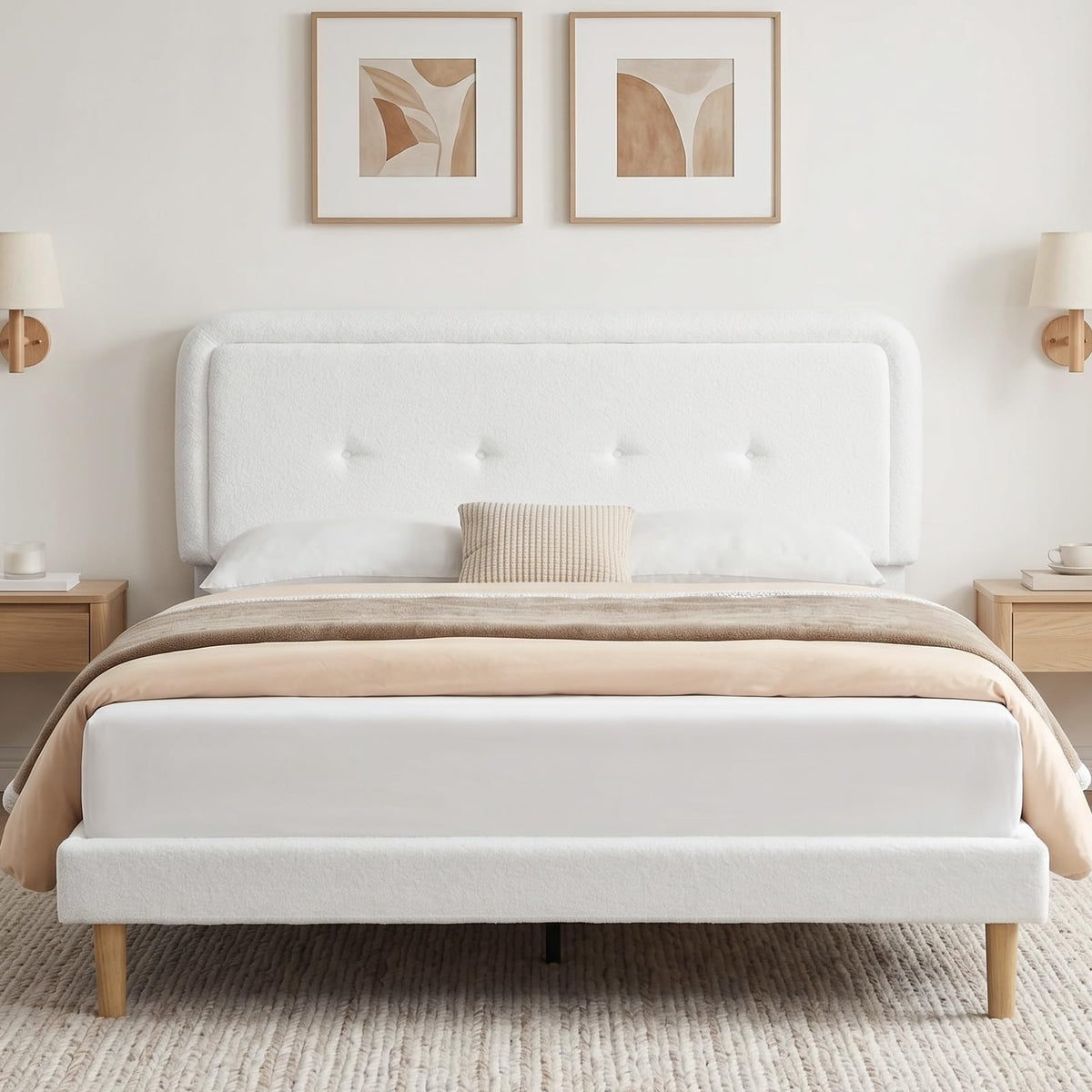 Queen Size Bed Frame with Height Adjustable Headboard Boucle Fabric, White