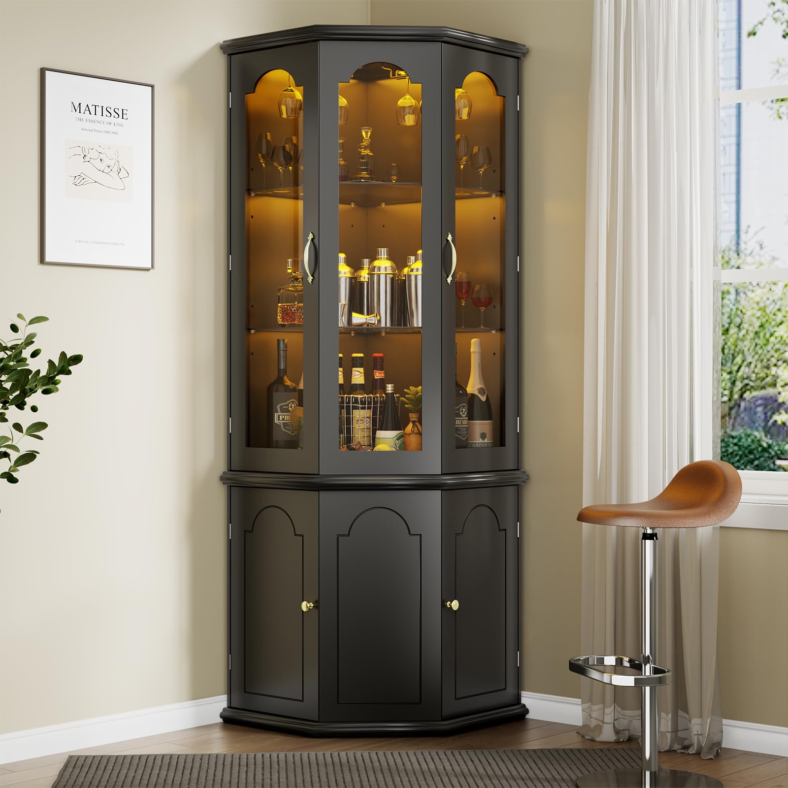 Corner Bar Cabinet with LED Lights & Tempered Glass Door