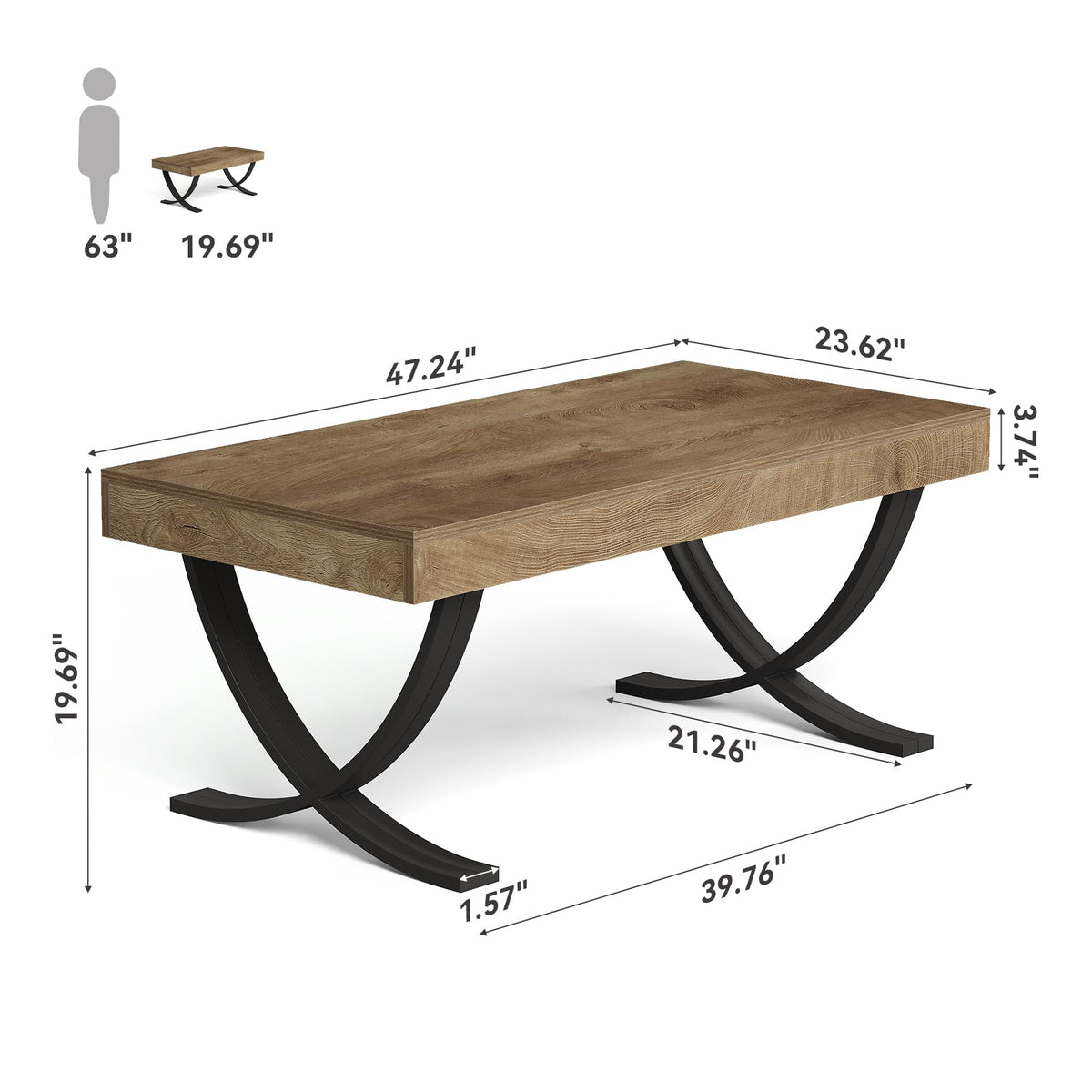 LITTLE TREE 47” Coffee Table, Rectangle Center Table for Living Room, Industrial Modern Living Room Table, Wood Coffee Table with Curved Cross Legs, Thickened Wood Grain Top, Rustic Brown & Black