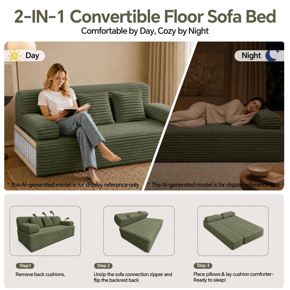 Zefurta 78" Futon Sofa Bed, Queen Size Boneless Corduroy Couch Bed (Green)
