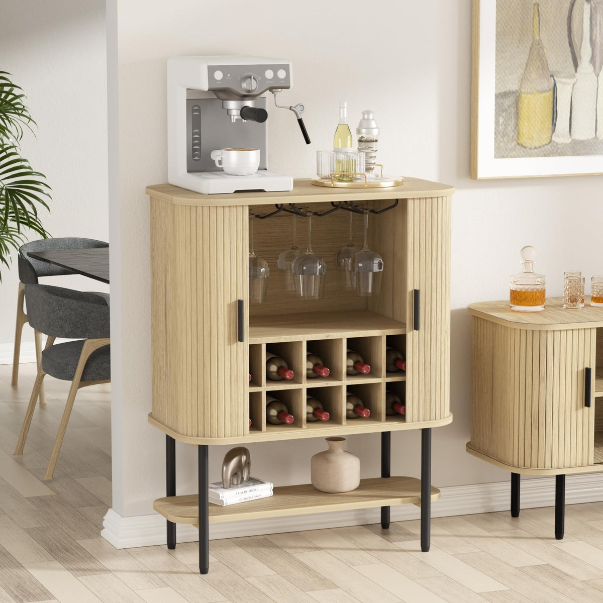 Coffee Bar Cabinet with Storage, Fluted Wine Cabinet with Sliding Doors