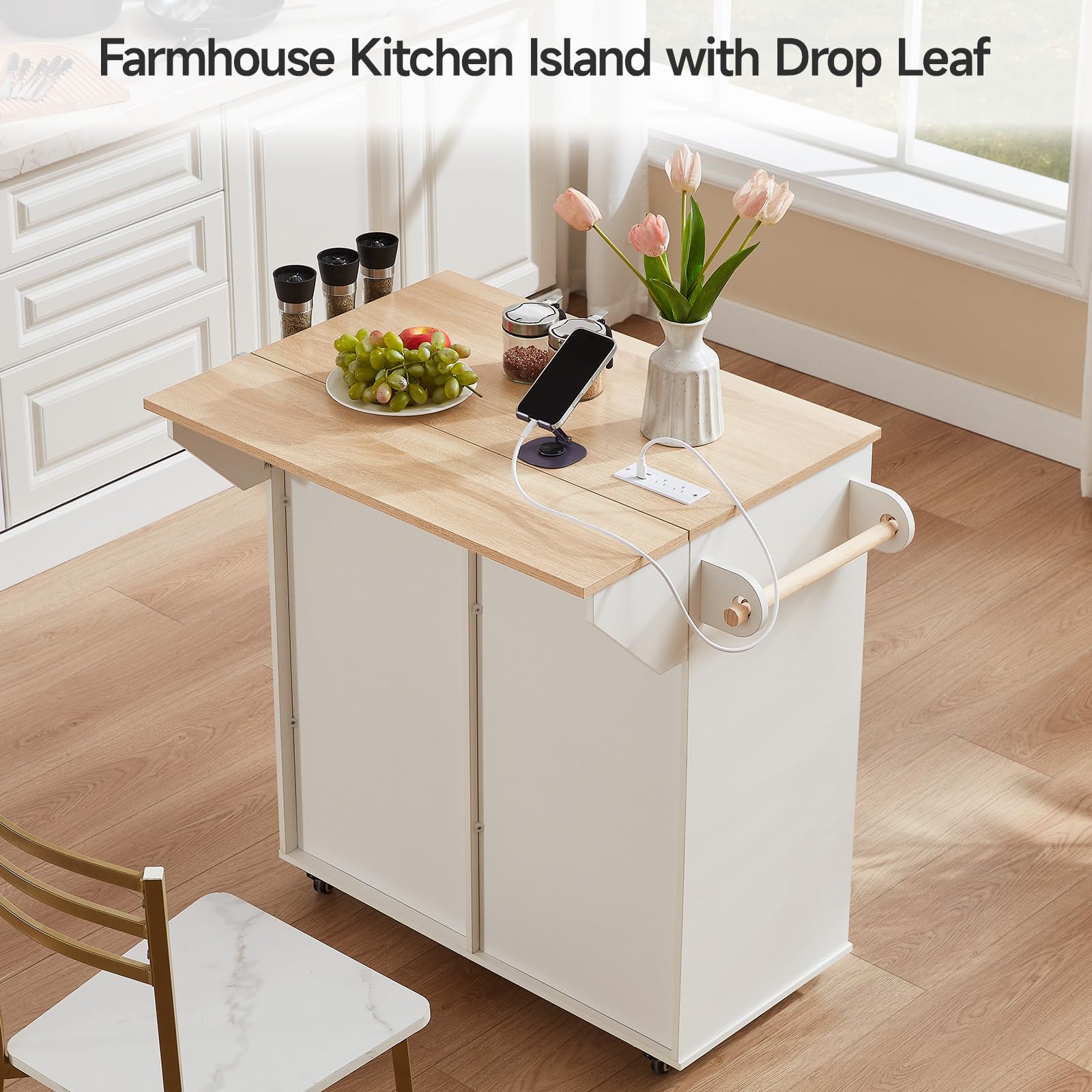 Kitchen Island with Drop Leaf & Power Outlet