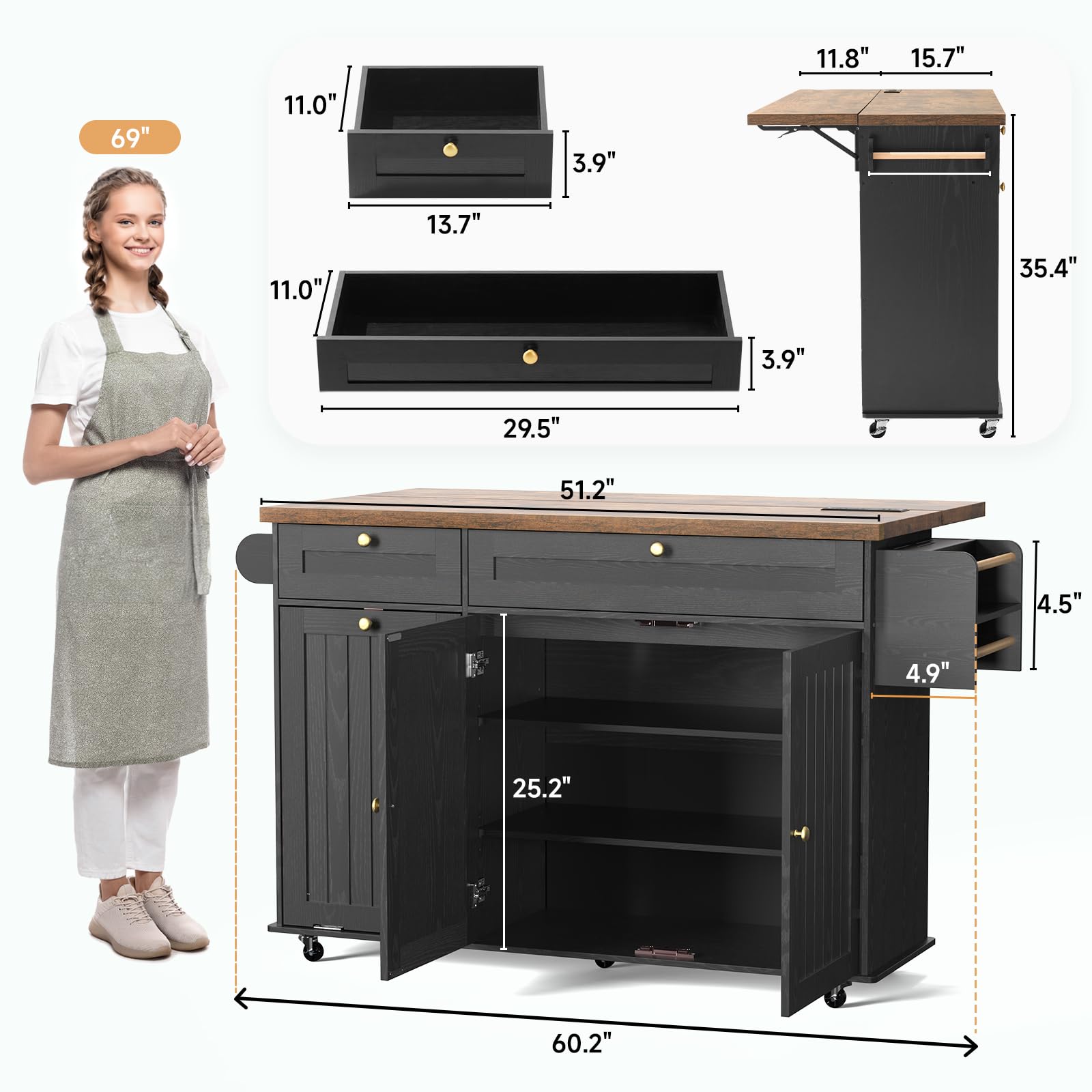 Kitchen Island Cart with Power Outlet & Drop Leaf