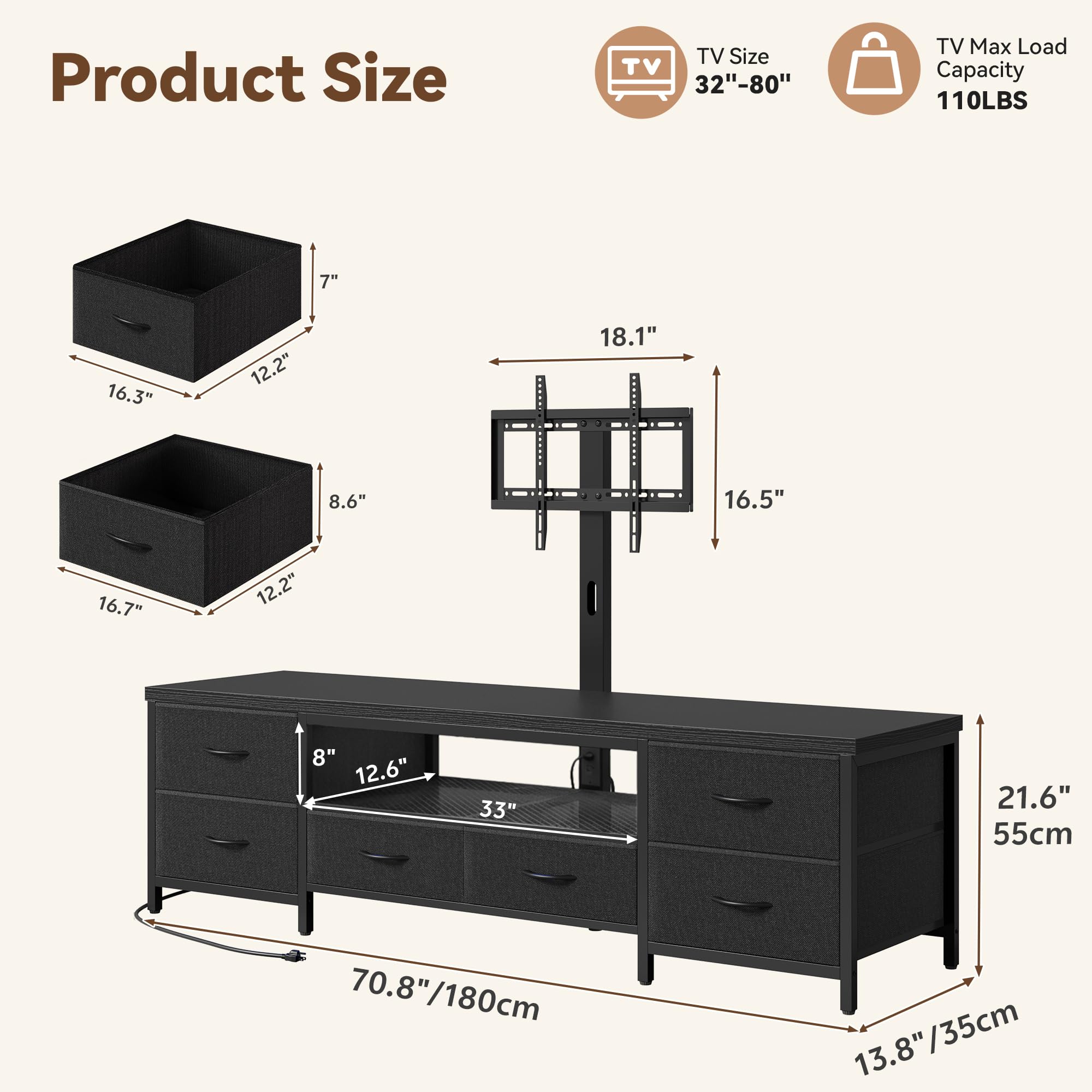 Homiflex TV Stand for 80 Inch TV with Mount, LED Entertainment Center w/Fabric Drawers & Power Outlets, Industrial Media Console for Living Room, Bedroom, Open Storage Shelves - 71'' Black