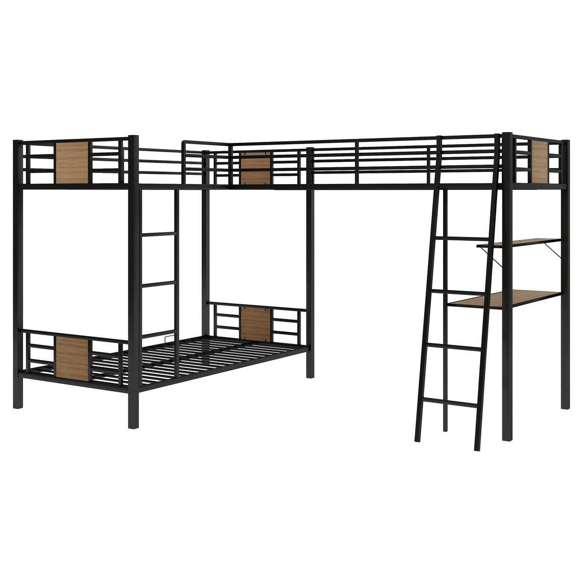 L-Shaped Twin Over Twin Bunk Bed with Twin Size Loft Bed with Desk and Shelf,Brown