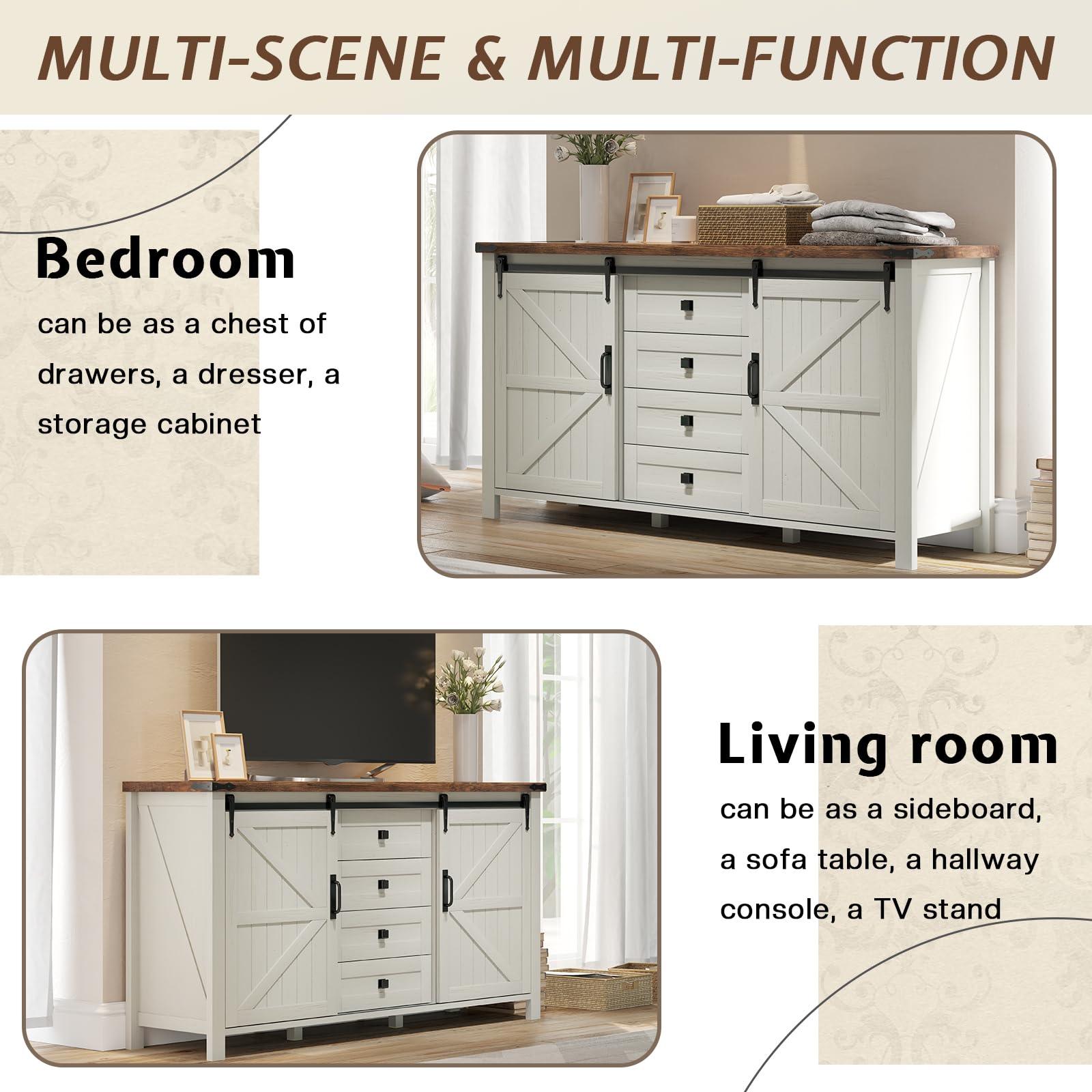 LUXOAK 3 Pieces Bedroom Set - Includes 60" Farmhouse Dresser, 48" Chest of Drawers with Sliding Barn Doors, 48" Tall Storage Cabinet with 5 Drawers, Rustic White