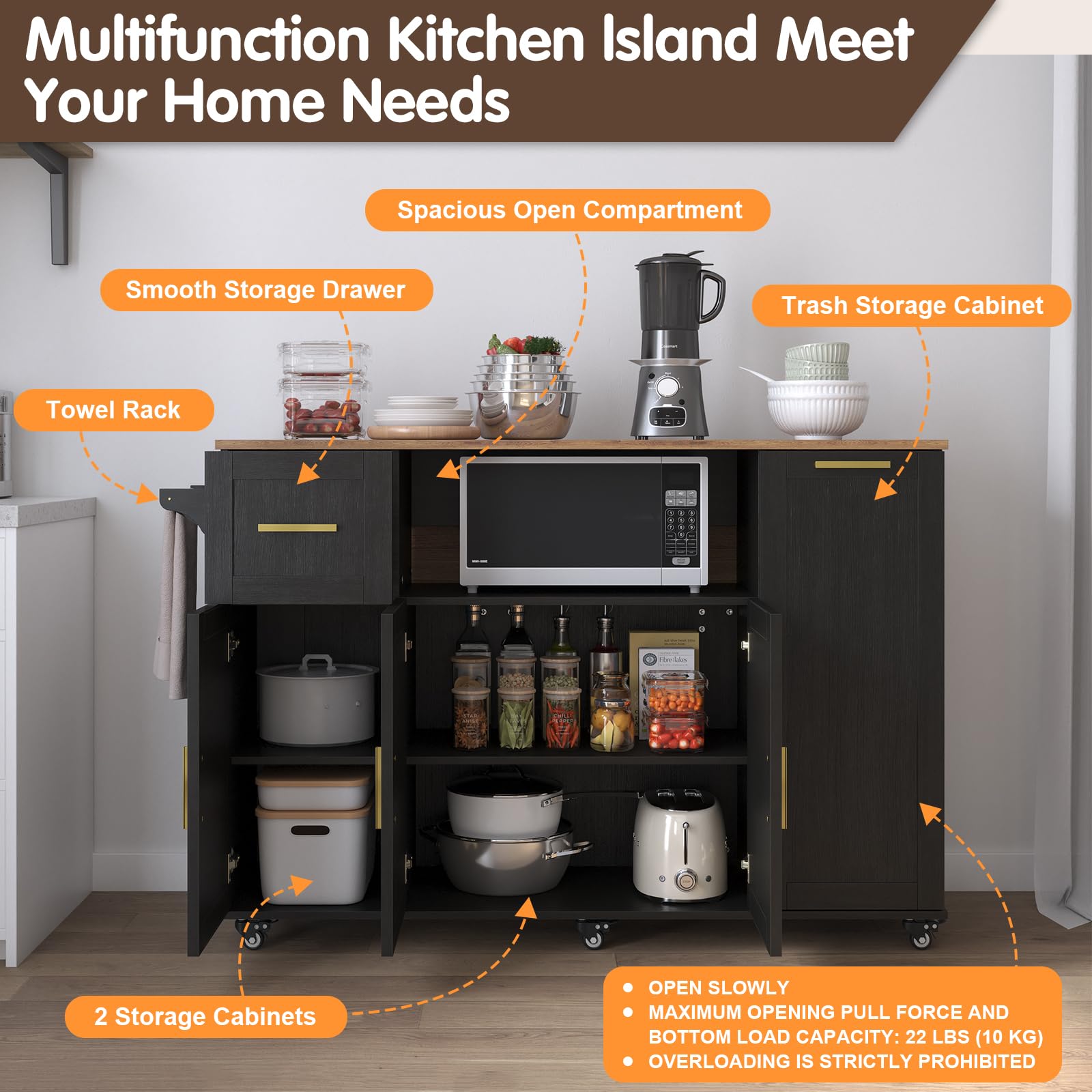 FFIQQ 59 Inch Large Mobile Kitchen Island Cart with Drop Leaf, 2 Cabinets, Drawer, Extra Counter Space & Trash Bin Storage, Rolling Portable Prep Table for Kitchen, Black, Particleboard