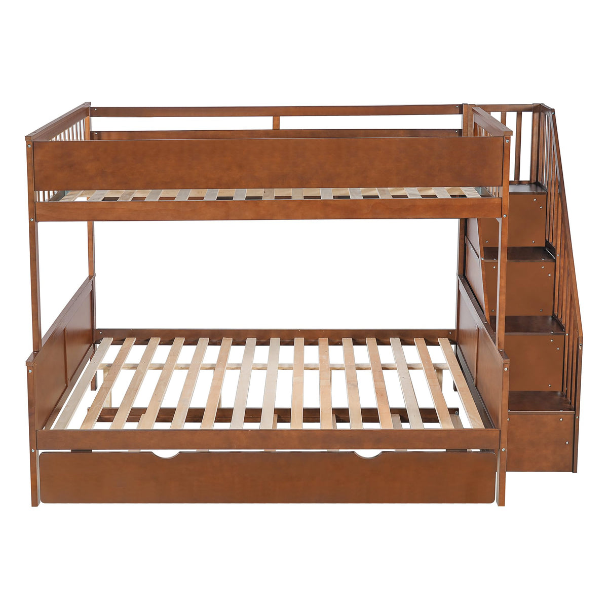 SOFTSEA Full XL Over Queen Bunk Bed with Trundle & Stairs, Solid Wood Bunk Bed Frame with Storage Shelves & LED Lights, Space Saving Bunk Beds with Storage Stairs for Kids Teens Adults, Walnut