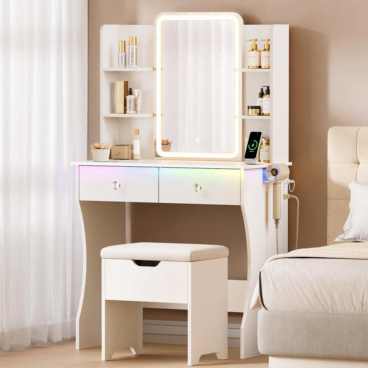 White LED Makeup Vanity with Storage Stool