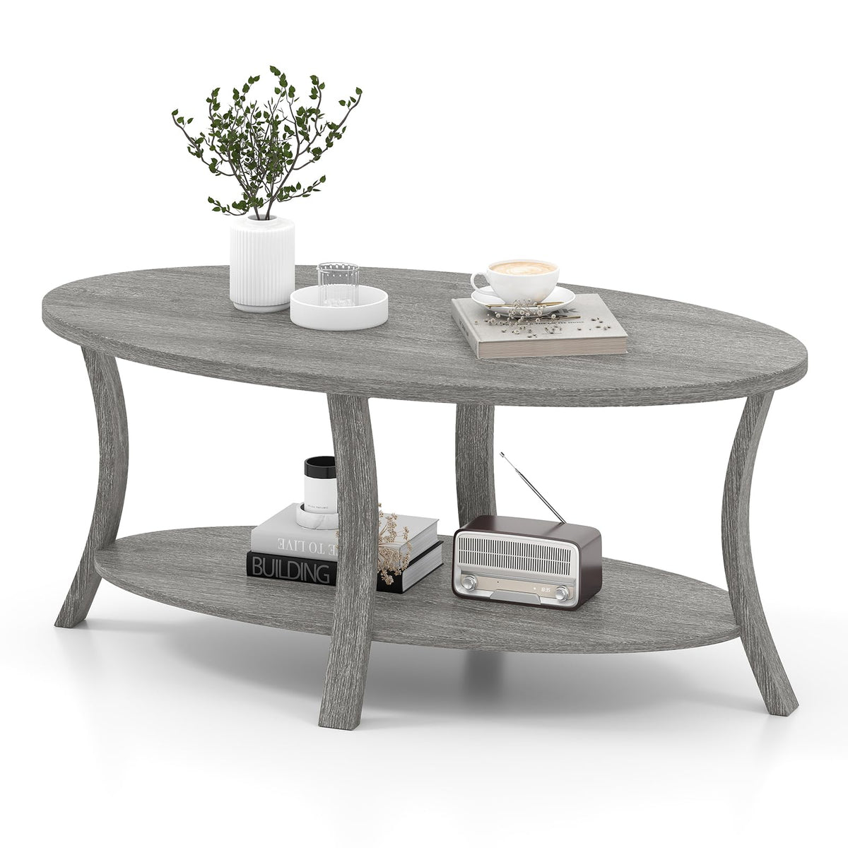Gray Oval Coffee Table with Storage