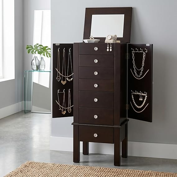 Jewelry Armoire with 6 Drawers, Necklace Hooks & Built-In Mirror