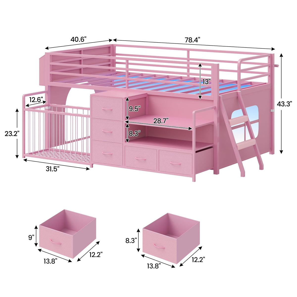 Low Loft Bed with Drawers & Shelves