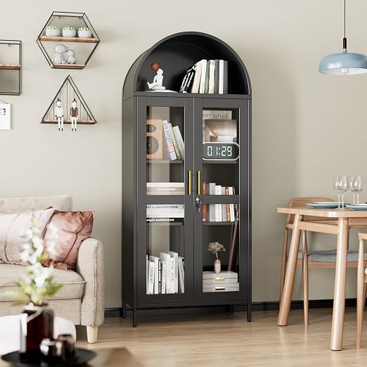 73" Arched Metal Display Cabinet with LED Lights & Glass Doors