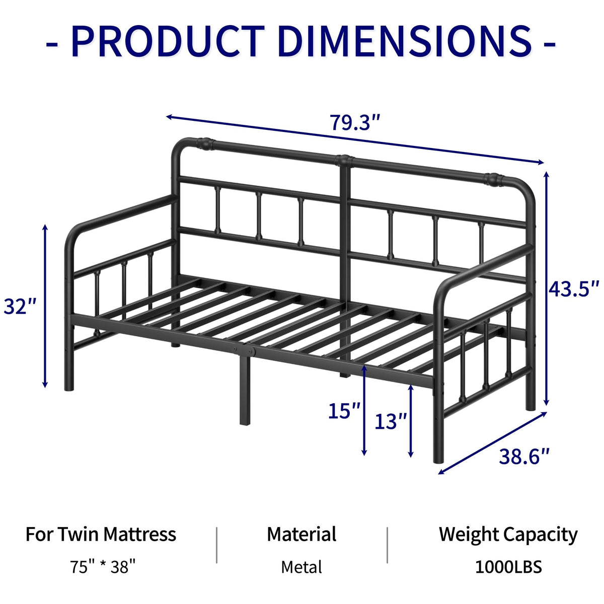 Sementa 14 Inch Daybed Twin Metal Bed Frame with Headboard (Modern)