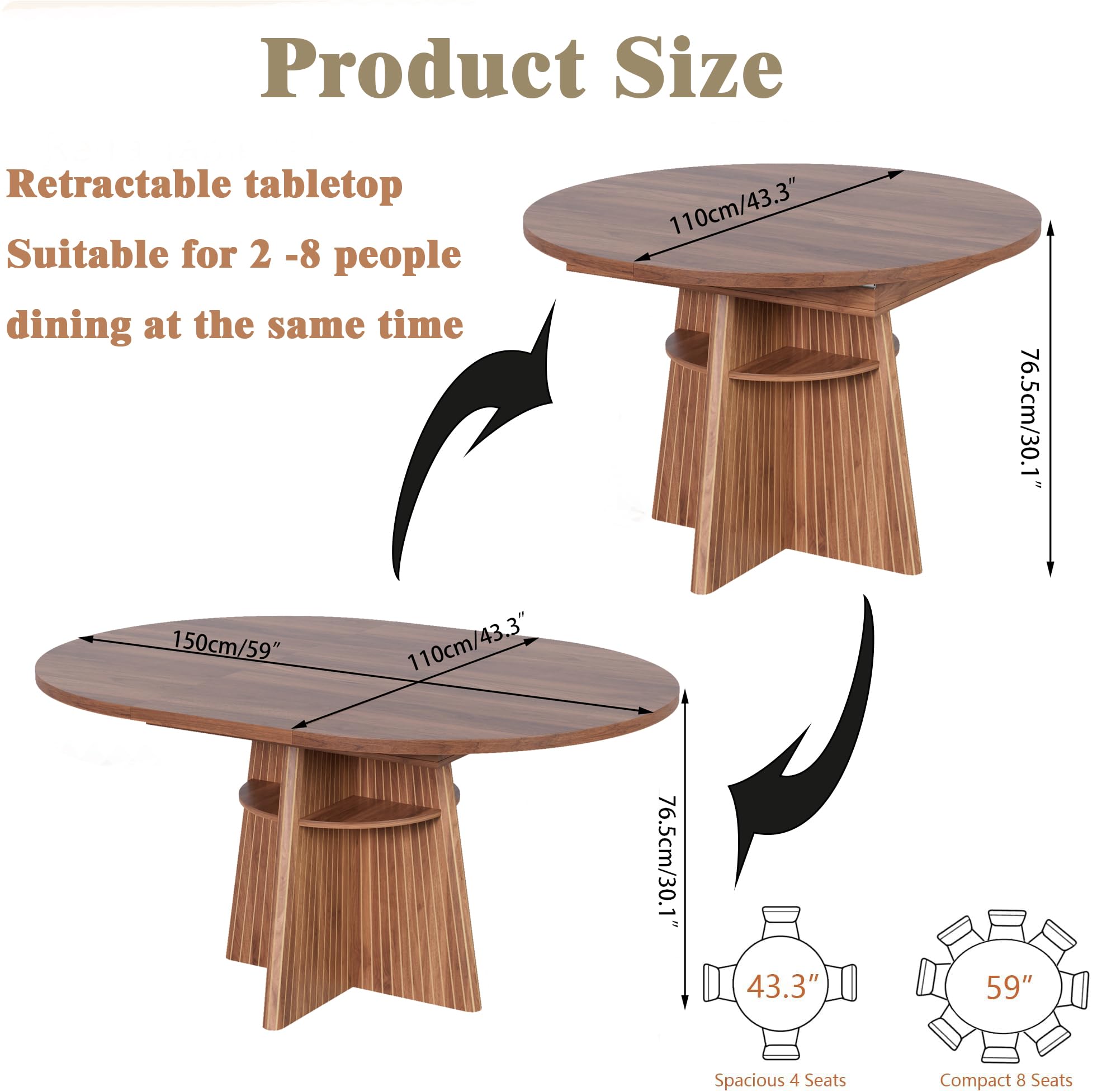 43.3in-59in Extendable Dining Room Table for 4-8, Round Expandable Kitchen Table with Fluted Base, Modern Oval Dinner Tables with 4 Storage Shelves for Kitchen Living Room (Walnut, 43.3in)