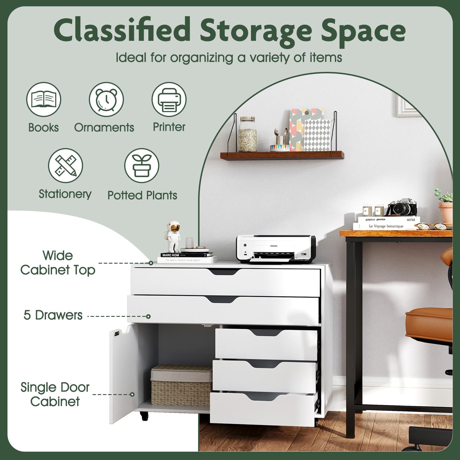Rolling 5-Drawer File Cabinet with Wheels