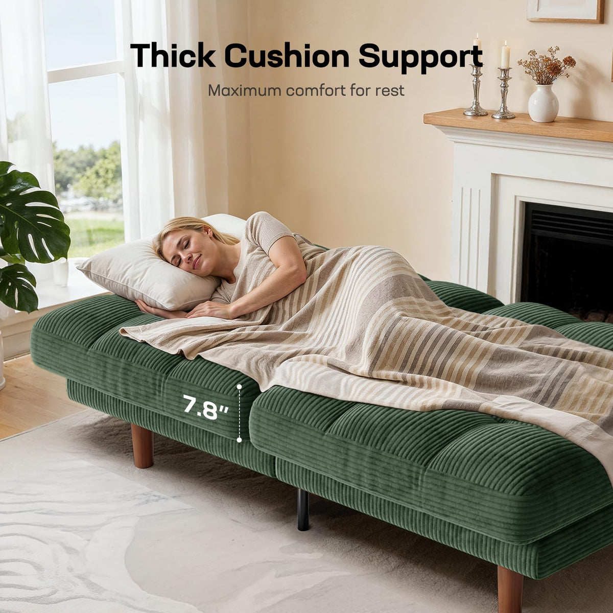 Marsail 70" Futon Sofa Bed, Convertible Small Recliner Sleeper Sofa Bed with Adjustable Backrest, Corduroy Loveseat Futon Couch for Small Apartments, Living Room Office, Guest Room (Green)