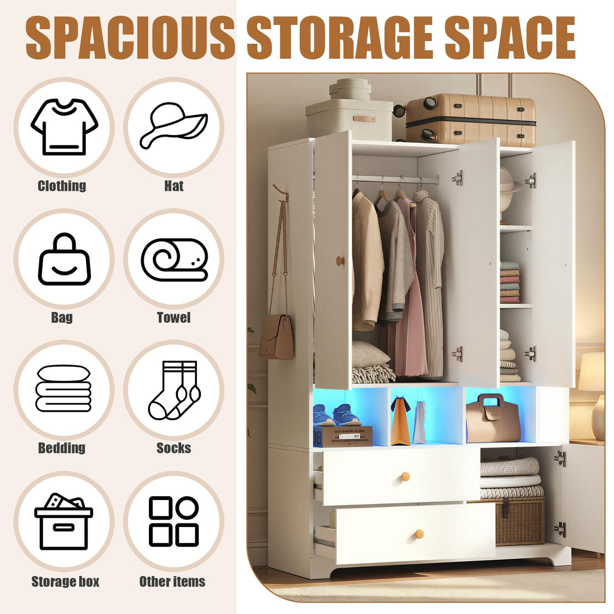 PAKASEPT 3‑Door Armoire Wardrobe Closet,71" Bedroom Cabinet with Mirror