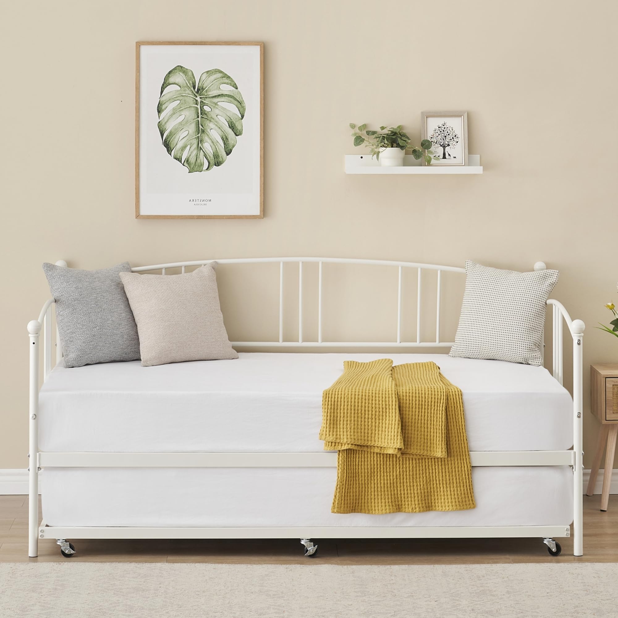 IDEALHOUSE Twin Daybed with Trundle, Metal Twin Size Daybed with Pullout Trundle 6 Casters, Steel Slat Support Sofa Bed for Living Room, Bedroom, Guest Room (White)
