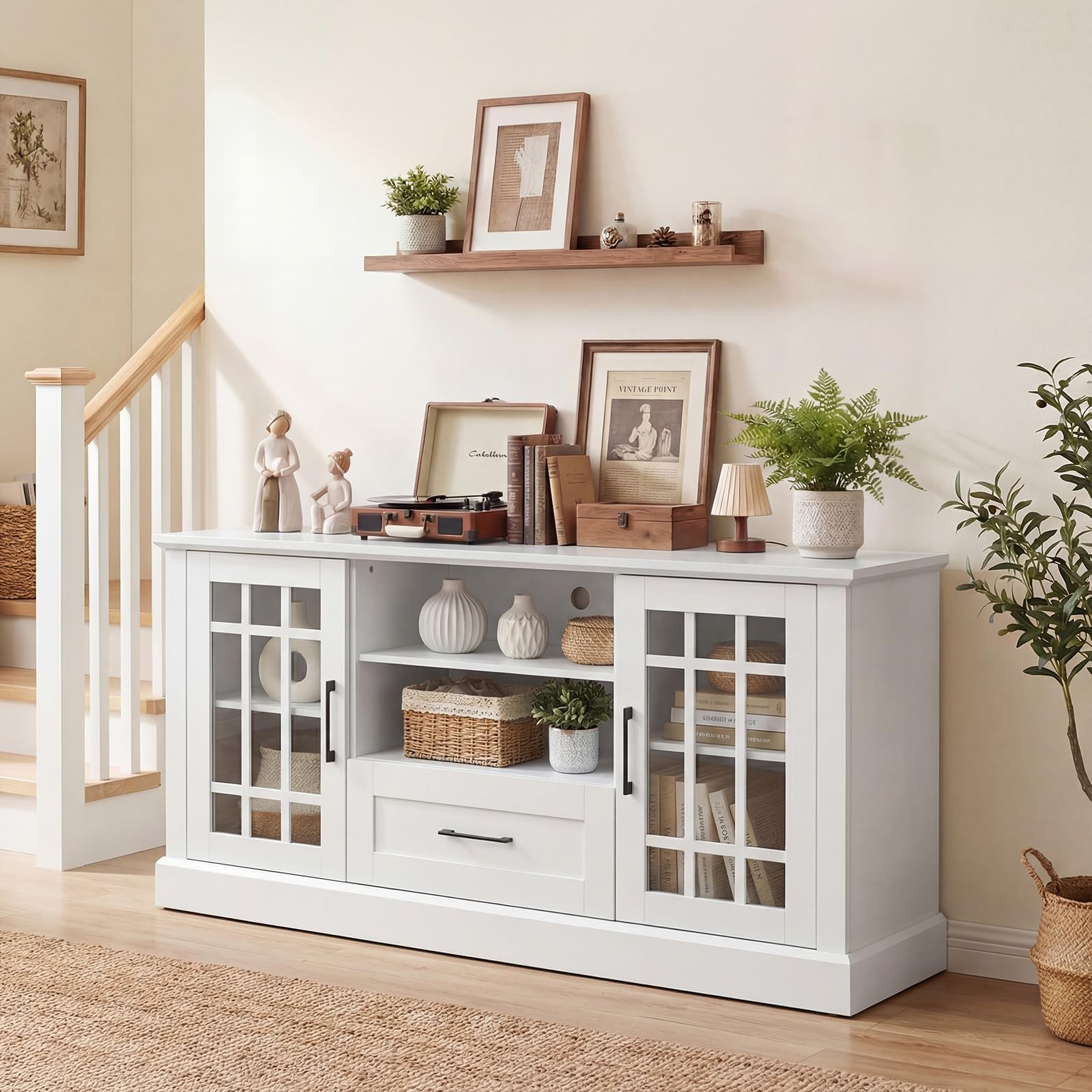 Farmhouse TV Stand with Glass Cabinets & Drawer