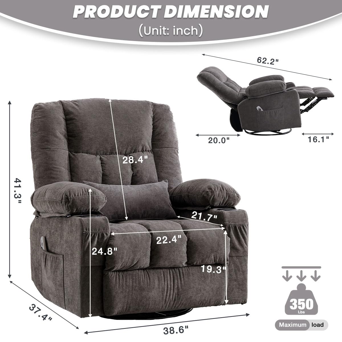 BOSMILLER Oversized Recliner Chair for Adults with Vibration Massage and Lumbar Heating Swivel Rocker Recliner with Cup Holder and USB Charge Port for Living Room