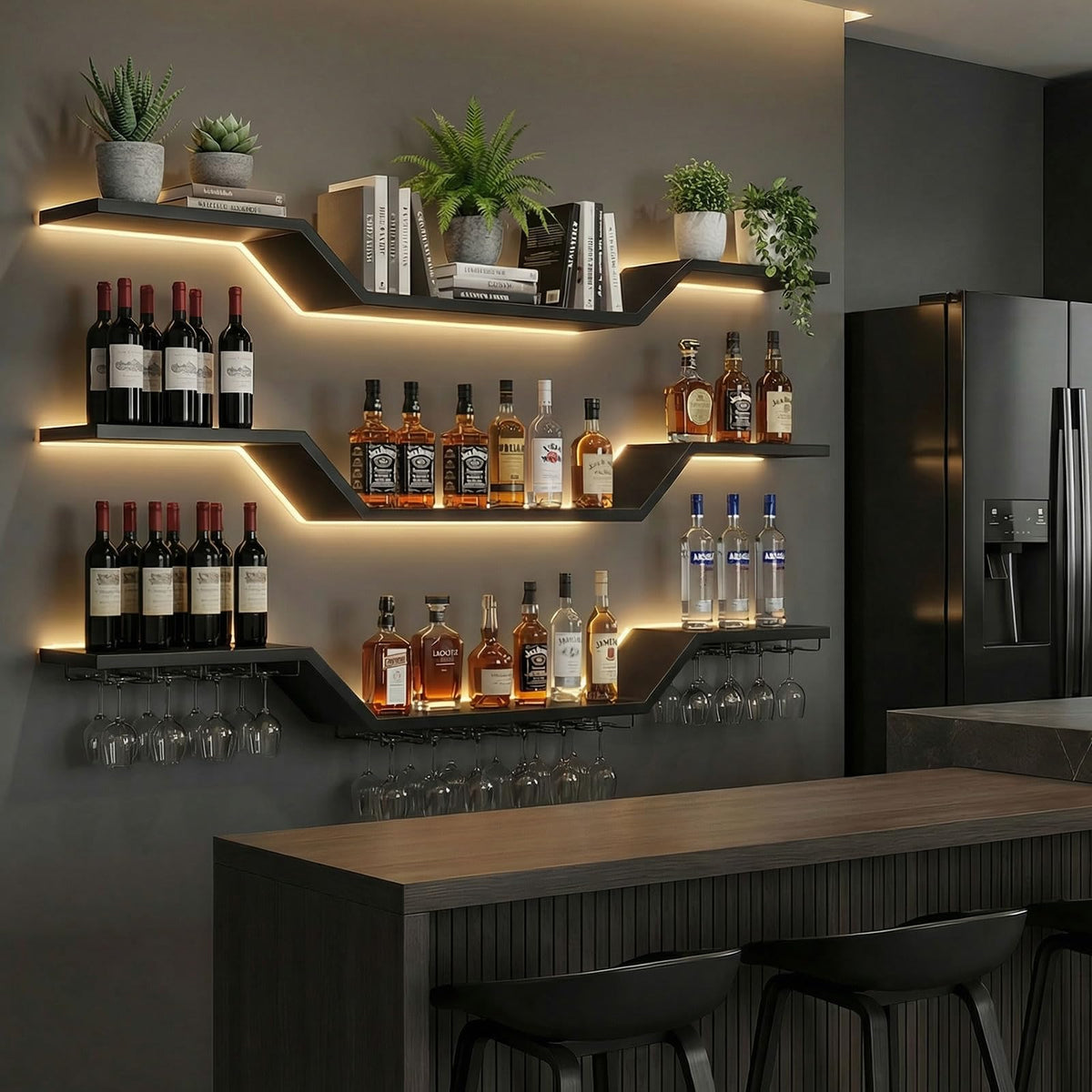 XcyUktp 78.7in Wall Mounted Wine Rack with LED & Glass Holder, Metal 3-Tier