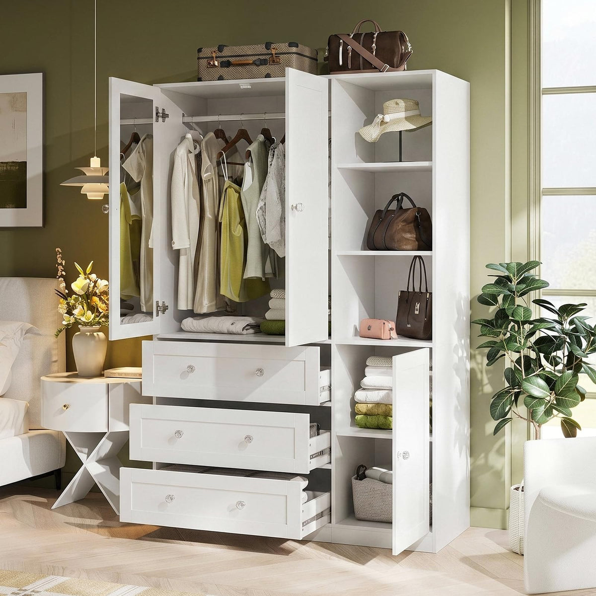 VOWNER 71"H Armoire Wardrobe Closet with Mirror and Open Shelves (1, White)