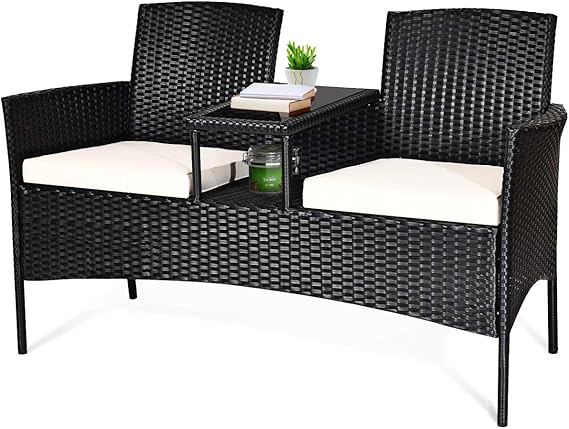 Outdoor Wicker Loveseat Sofa Set with Built-In Coffee Table