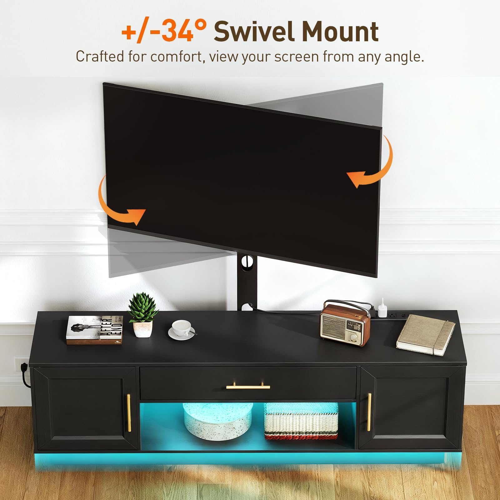 RALGEND 59" Modern TV Stand with Mount and Power Outlet, Swivel TV Stand for 32/55/65/75 inch TVs, Height Adjustable LED Entertainment Center, Media TV Console Table for Living Room, Bedroom, Black